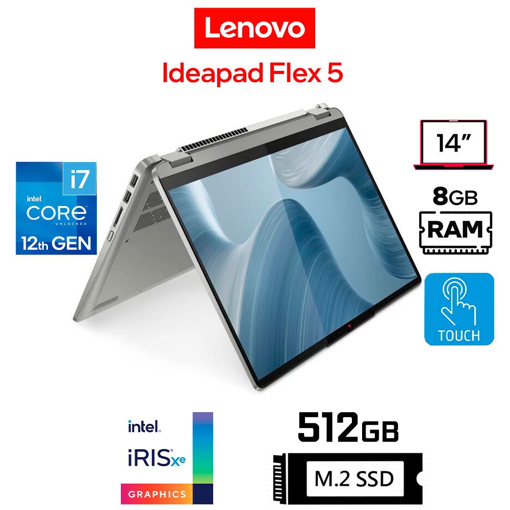 Lenovo IdeaPad Flex 5 (2-en-1), 14" WUXGA Táctil, Core i7-1255U, Iris Xe Graphics, 8GB RAM, 512GB SSD Lenovo IdeaPad Flex 5 14IAU7 82R70004US (1)
