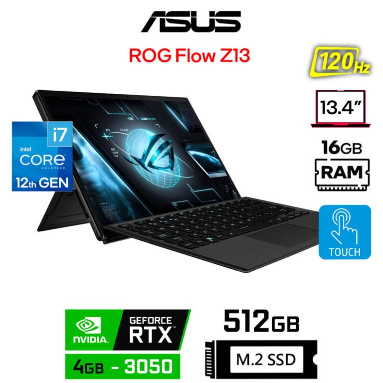 Asus ROG Flow Z13, 13.4" WUXGA 120Hz Táctil, Core i7-12700H, 4GB RTX3050, 16GB RAM, 512GB SSD