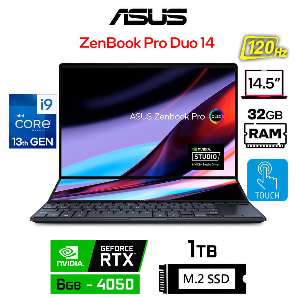 Asus Zenbook Pro Duo 14 OLED, Core i9-13900H, 6GB RTX4050, 32GB RAM, 1TB SSD, 14.5" WQXGA 120Hz Tactil Asus Zenbook Pro Duo 14 OLED UX8402VU-AS96T (1)