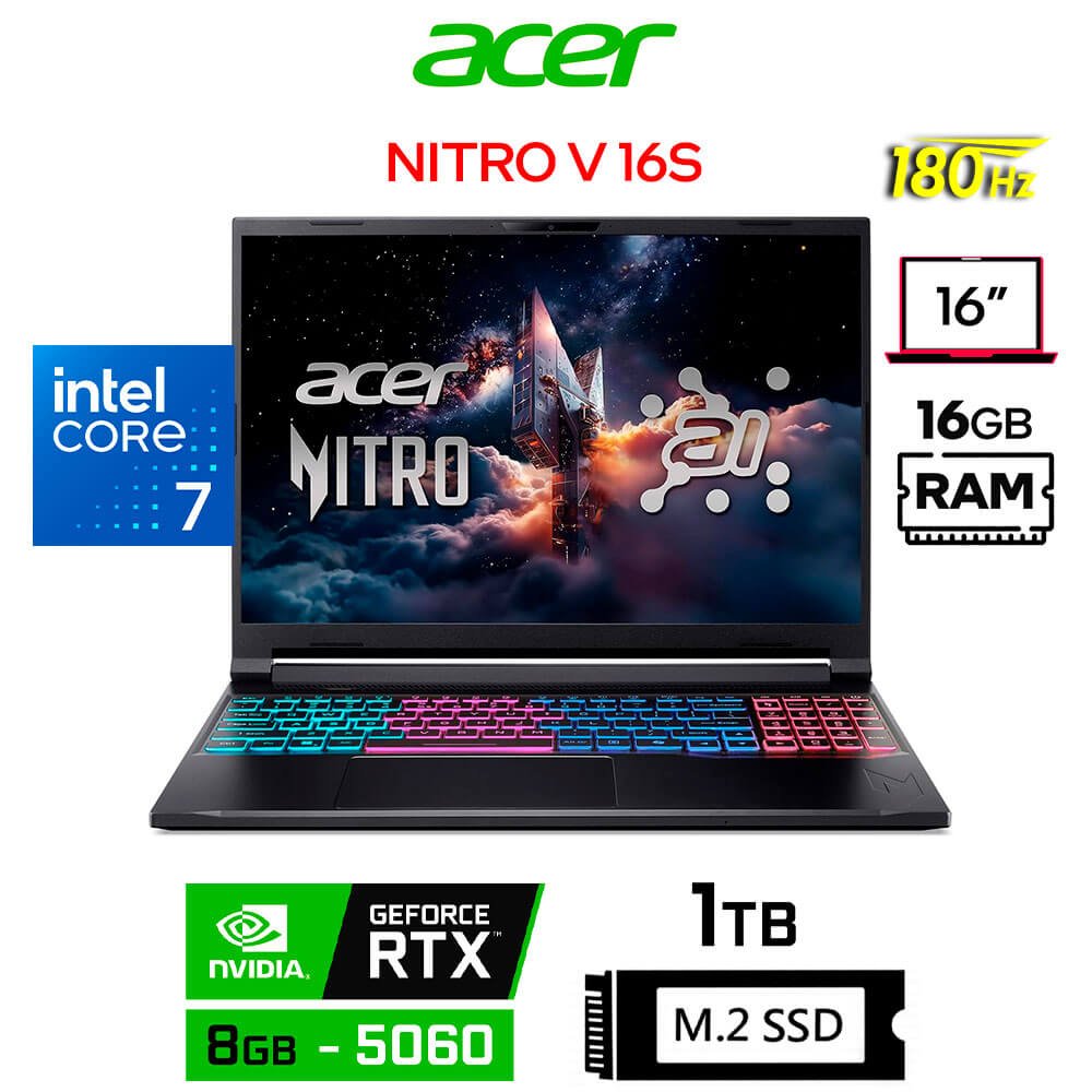 Acer Nitro V 16S AI, Core 7-240H, 8GB RTX5060, 16GB RAM, 1TB SSD, 16" WUXGA 180Hz Acer Nitro V 16S ANV16S-71-7771